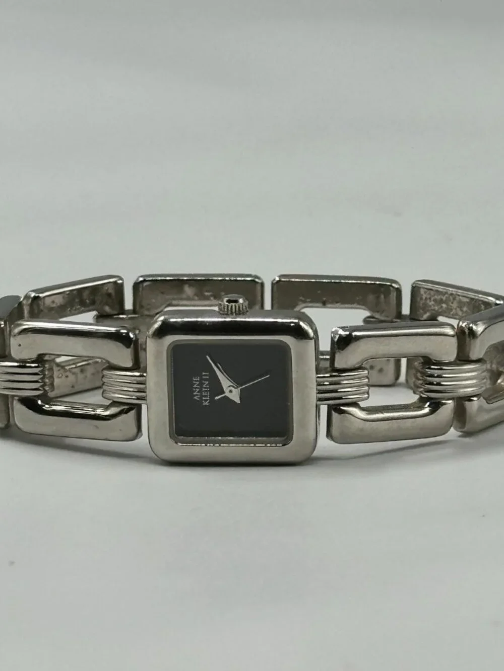 3/$30 Anne Klein Watch Women Silver Tone Black Square Dial New Battery 6